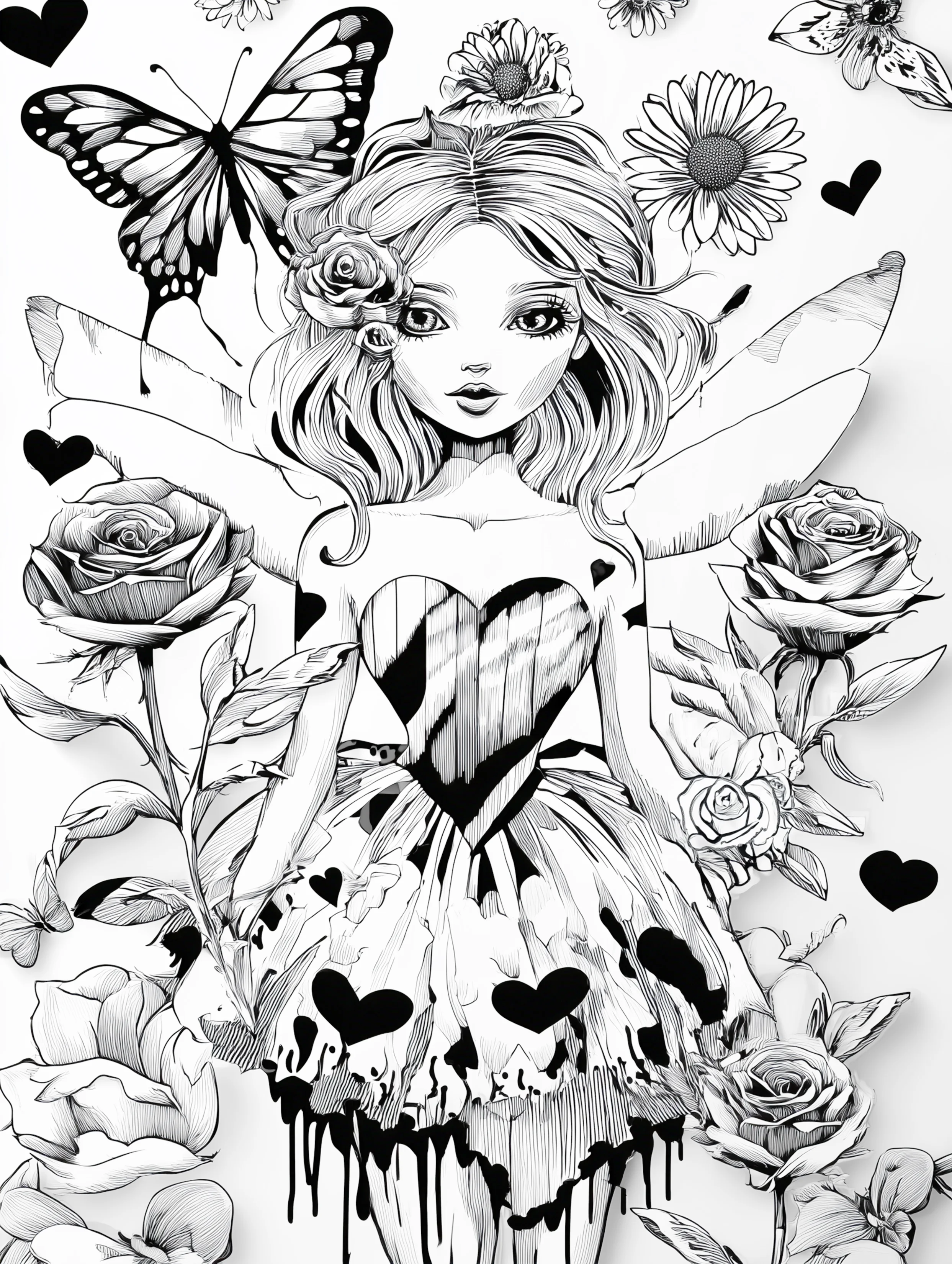 Free printable beautiful fairy coloring page featuring hearts on skirt fairy